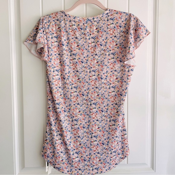 Boutique Floral Flutter Sleeve Pleated V Neck Dressy Blouse Tunic Sz Small NWT - Picture 7 of 10